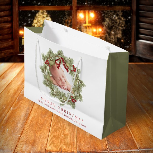 Grand Sac Cadeau Joyeux Noël Photo Aquarelle Verdure Wreath (Merry Christmas holiday wreath photo large gift bag
)