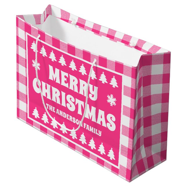 Grand Sac Cadeau Joyeux Noël rose Plaid Holiday (Devant Angle)