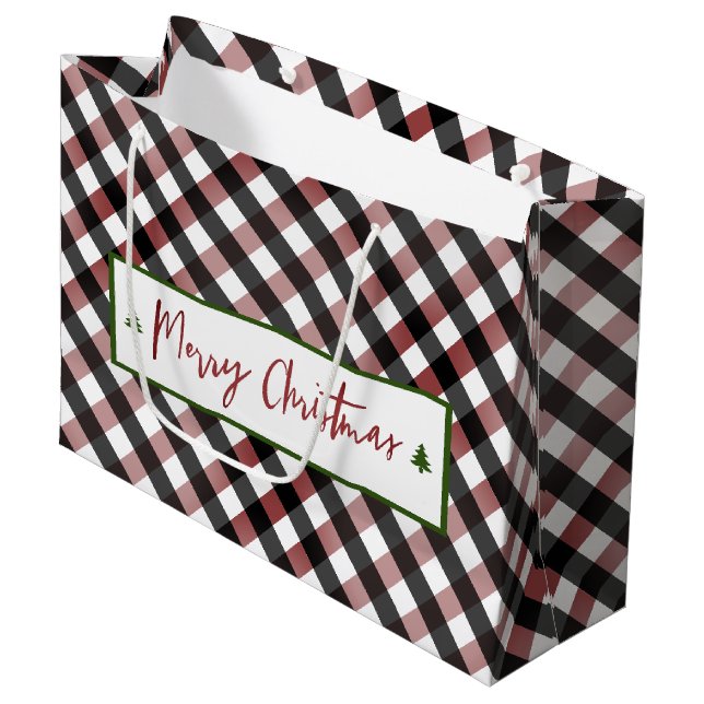 Grand Sac Cadeau Joyeux Noël Rouge Buffalo Check Plaid (Devant Angle)