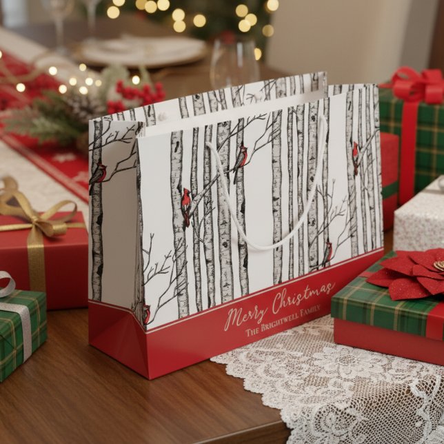Grand Sac Cadeau Joyeux Noël Rouge Cardinal Oiseau & Birch Tree (Modern Nature Wildlife Pattern. Hand Drawn Cardinal Birds in Winter Birch Tree Forest. Red & White)