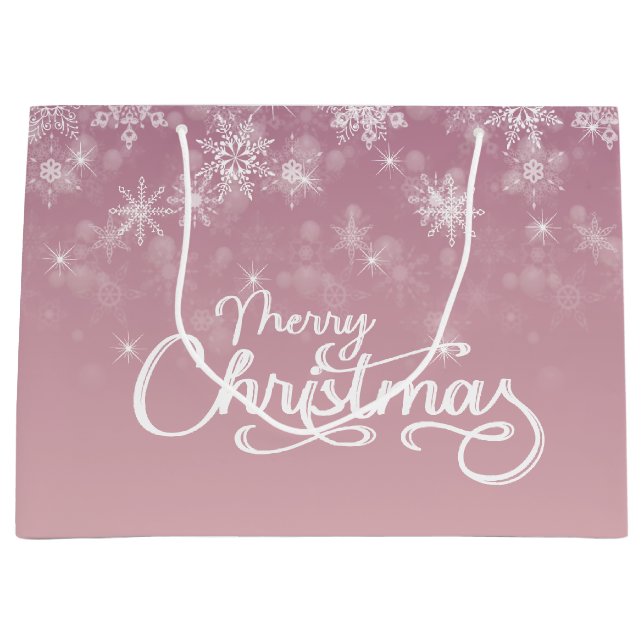 Grand Sac Cadeau Joyeux Noël Snowflakes Pink Holiday (Devant)