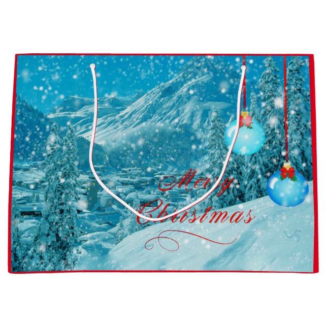 Grand Sac Cadeau Joyeux Noël Snowy Village (Devant)