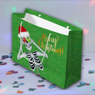 Grand Sac Cadeau Joyeux Noël Squelette Santa Hat Ornements Vert
