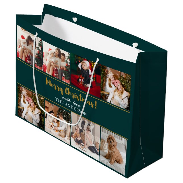 Grand Sac Cadeau Joyeux Noël Vert Élégant Photos Modernes (Devant Angle)