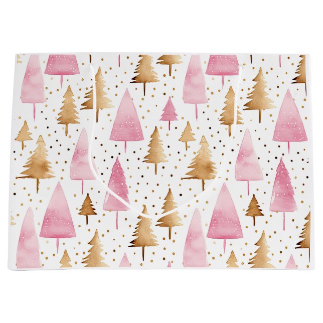 Grand Sac Cadeau Joyeux sapin rose or Noël (Devant)