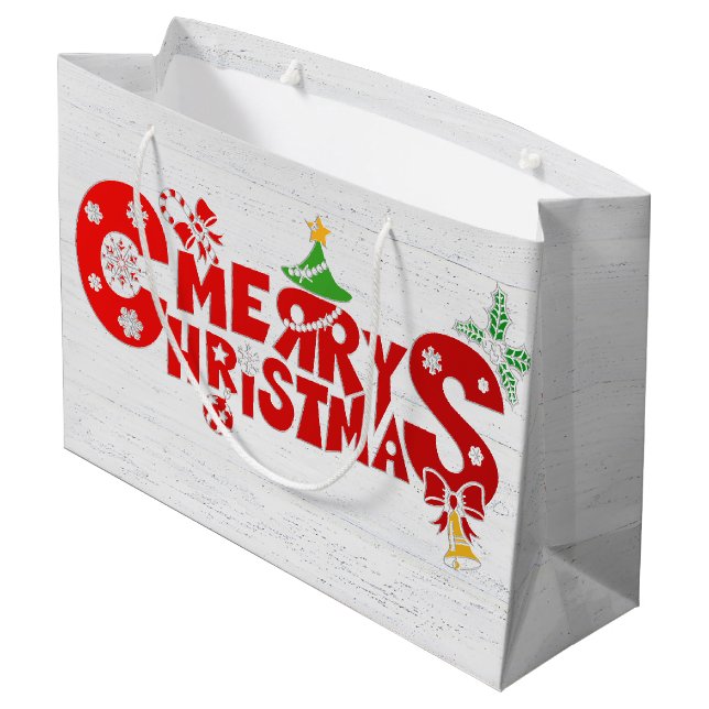 Grand Sac Cadeau Joyeux Texte De Noël Sur Bois Blanchi (Dos Angle)