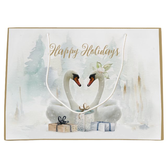 Grand Sac Cadeau Joyeux Vacances Swans & Cadeaux Aquarelle (Devant)