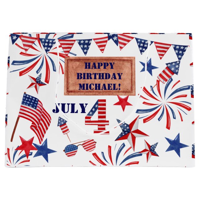Grand Sac Cadeau Juillet Joyeux Anniversaire Ajouter NOM Étoile pat (Devant)