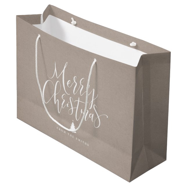 Grand Sac Cadeau Kraft Simple Calligraphy Joyeux Noël (Devant Angle)