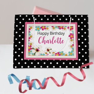 Grand Sac Cadeau Ladybugs et fleurs Anniversaire