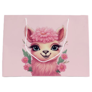 Grand Sac Cadeau Lama bébé rose souriant