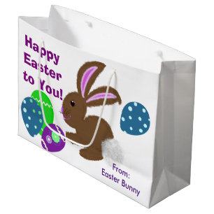 Grand Sac Cadeau Lapin de Pâques jaune rose heureux Œufs