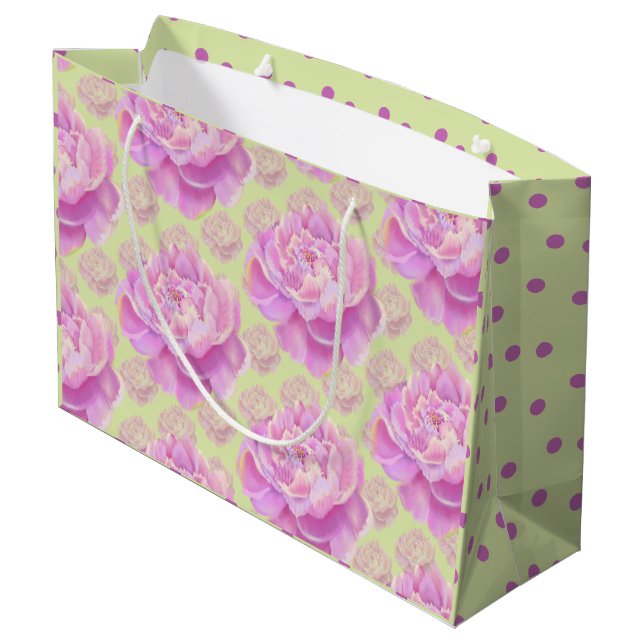Grand Sac Cadeau Lavish Peony sur vert pâle  (Dos Angle)