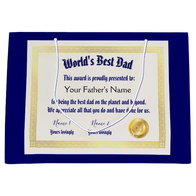 Grand Sac Cadeau Le meilleur certificat papa du monde Funny moderne (Devant)