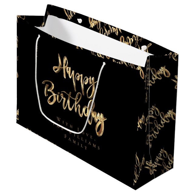 Grand Sac Cadeau L'Elégant Gold a l'air heureux d'anniversaire Noir (Devant Angle)