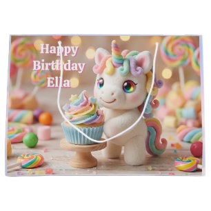 Grand Sac Cadeau Licorne pastel avec gâteau de couleur arc-en-ciel