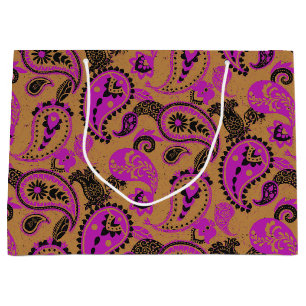 Grand Sac Cadeau Linocut Paisley Traditionnel Vivid Moutard Rose