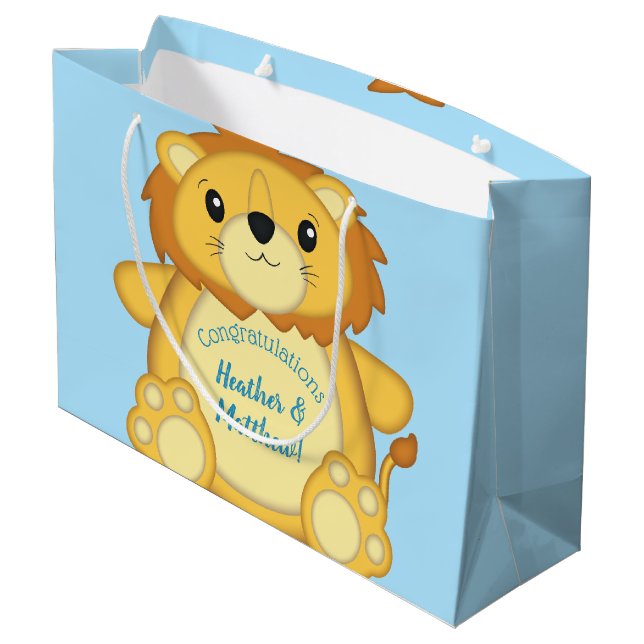 Grand Sac Cadeau Lion Baby shower bleu (Dos Angle)