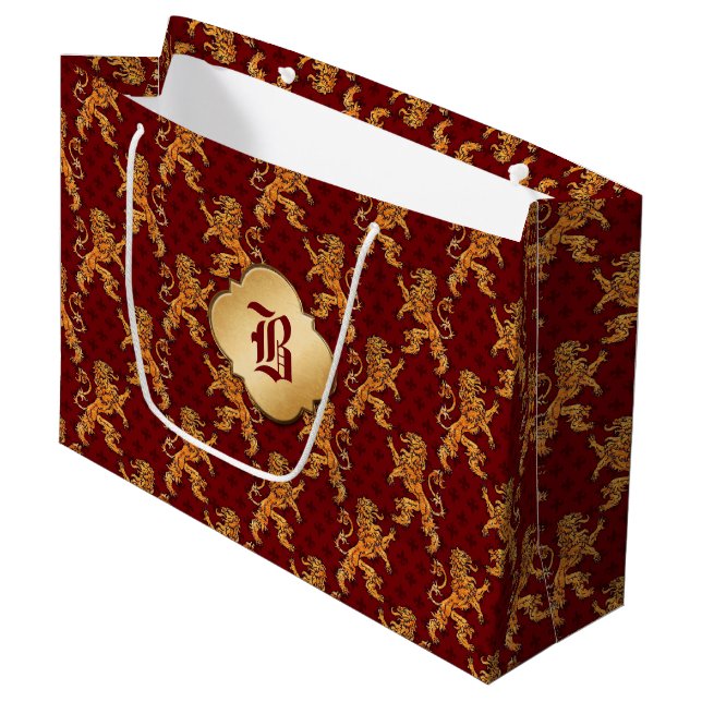 Grand Sac Cadeau Lion médiéval Red Fleur de Lis d'or (Devant Angle)