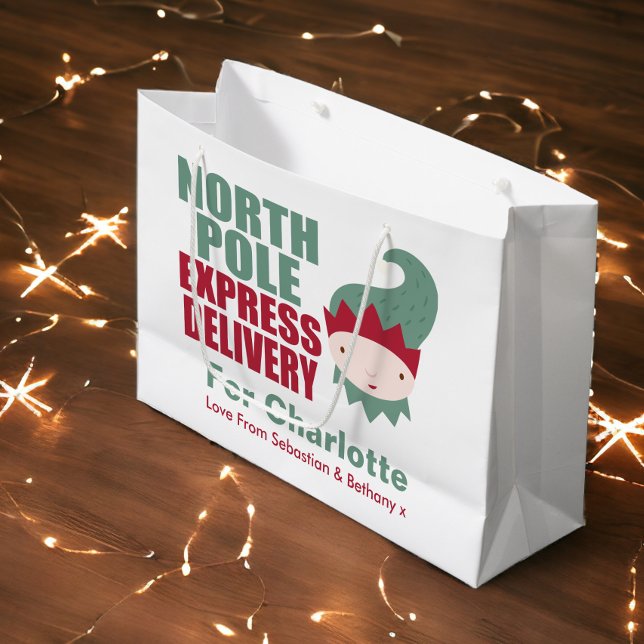 Grand Sac Cadeau Livraison d'Express du pôle Nord Elfe personnalisé (North Pole Express Delivery Personalized Elf Large Gift Bag from Ricaso)