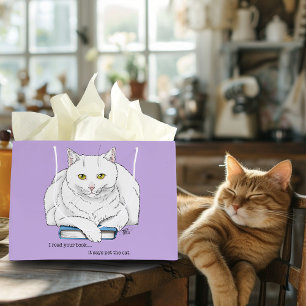 Grand Sac Cadeau Livre de chat blanc drôle lisant humour violet