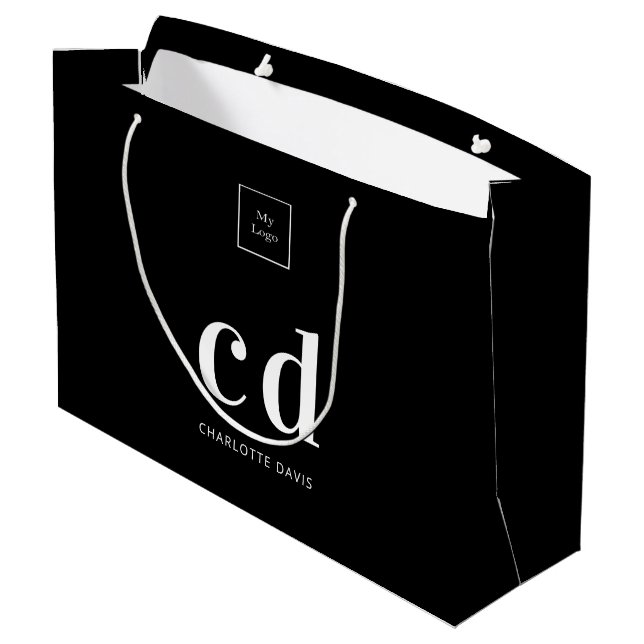 Grand Sac Cadeau Logo noir blanc monogramme initiales shopping (Dos Angle)