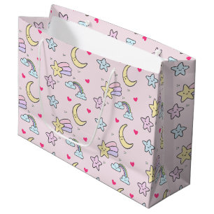 Grand Sac Cadeau Lune, étoiles et nuages Motif sur Pastel Pink