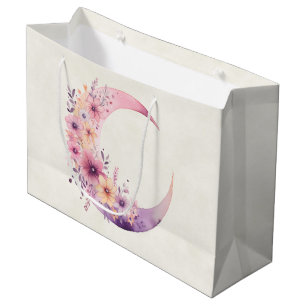 Grand Sac Cadeau Lune rose Croissant avec de jolies fleurs