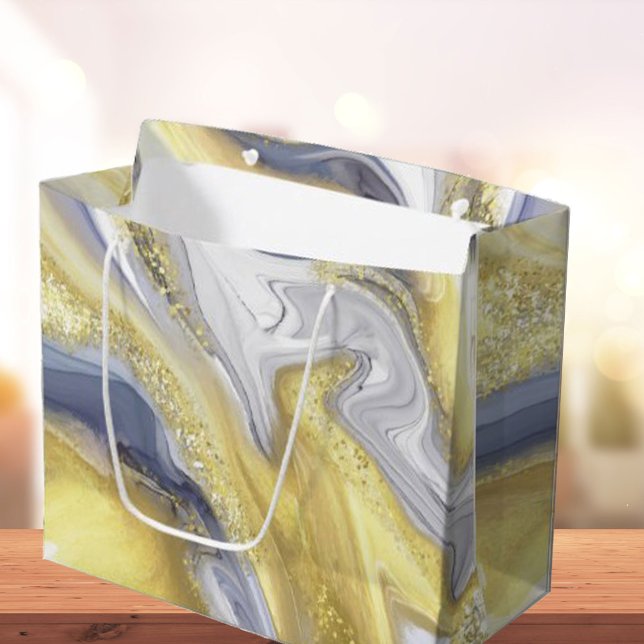 Grand Sac Cadeau Luxe Jaune Gris Or Marbre Effet Noël (Luxury Yellow Grey Gold Marble Effect Christmas Large Gift Bag)