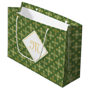 Grand Sac Cadeau Luxe Monogramme vert et or Quatre Floral
