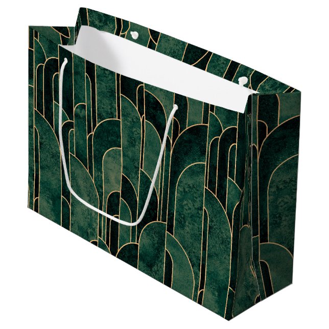 Grand Sac Cadeau Luxueux Motif Art déco Vert et Or (Devant Angle)