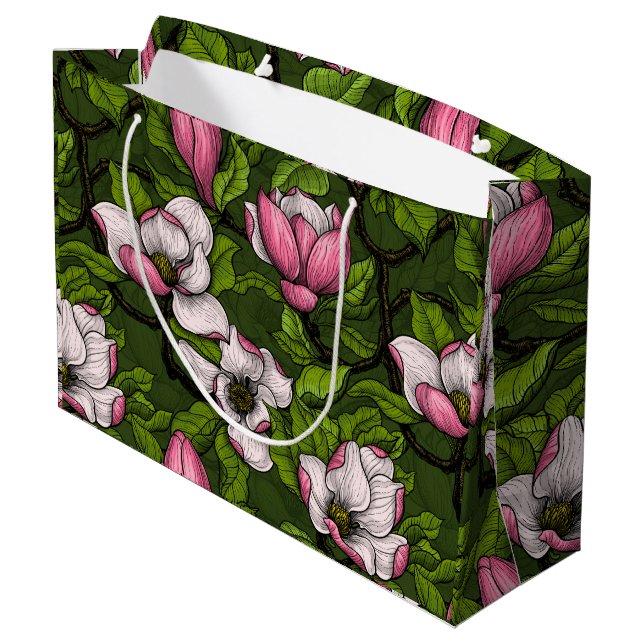 Grand Sac Cadeau Magnolia en floraison sur vert foncé (Dos Angle)