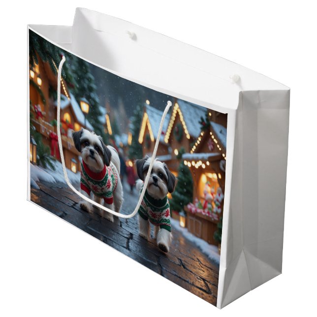 Grand Sac Cadeau Malti Tzu Dogs Christmas Snow Holiday (Devant Angle)