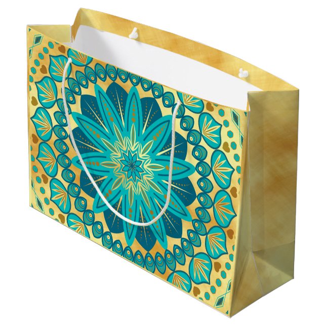 Grand Sac Cadeau Mandala de fleurs bleu or (Dos Angle)