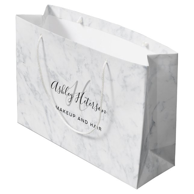 Grand Sac Cadeau Maquillage monogramme blanc marbre script typograp (Dos Angle)