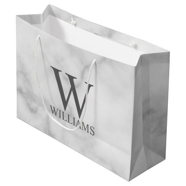 Grand Sac Cadeau Marbre blanc Monogramme personnalisé et nom (Devant Angle)