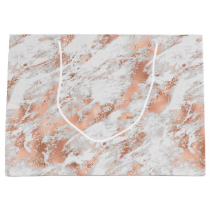 Grand Sac Cadeau Marbre Blanc Pailleté Or Rose Joliment
