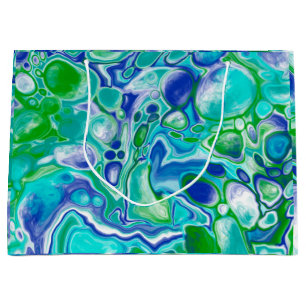 Grand Sac Cadeau Marbre bleu et vert Fluid Art Abstrait