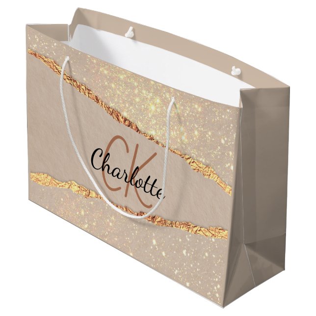 Grand Sac Cadeau Marbre de monogramme d'agate dorée beige (Dos Angle)