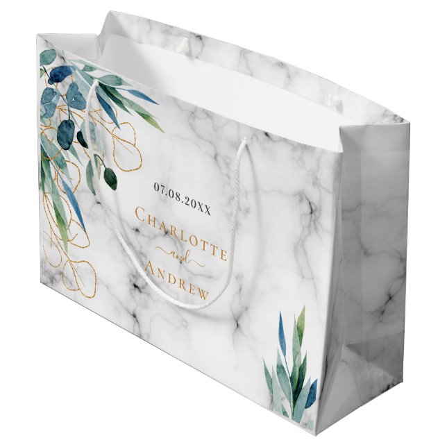 Grand Sac Cadeau Marbre eucalyptus vert noms or mariage (Dos Angle)