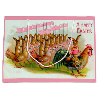 Grand Sac Cadeau marche lapin et poulets de Pâques