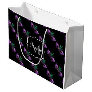 Grand Sac Cadeau Mardi Gras Masque Purple Vert Étincelles Monogramm