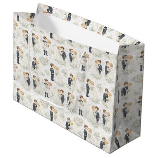 Grand Sac Cadeau Mariage Aquarelle Mariée Blonde Époux Fleurs