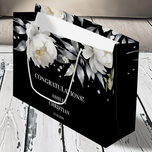 Grand Sac Cadeau Mariage boho noir et blanc (Black and white elegant boho wedding large gift bag personalized wedding gift bag)