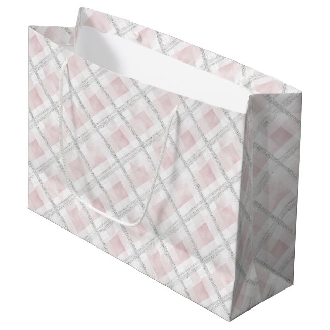 Grand Sac Cadeau Mariage Carrés Pailletés Rose Blanc Argent (Devant Angle)
