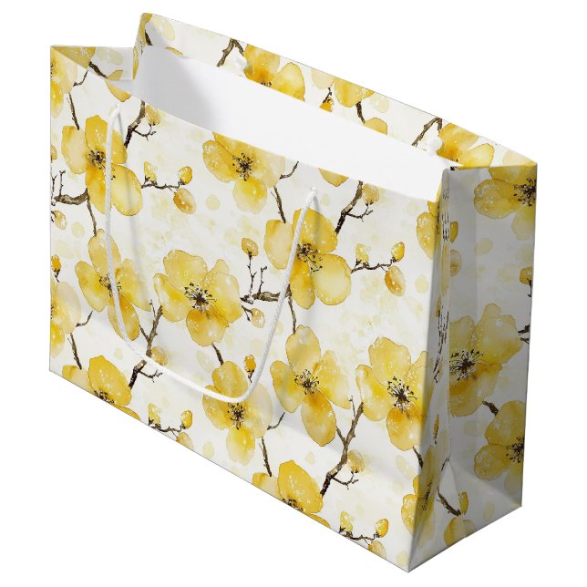Grand Sac Cadeau Mariage Fleurs Jaunes Or (Devant Angle)