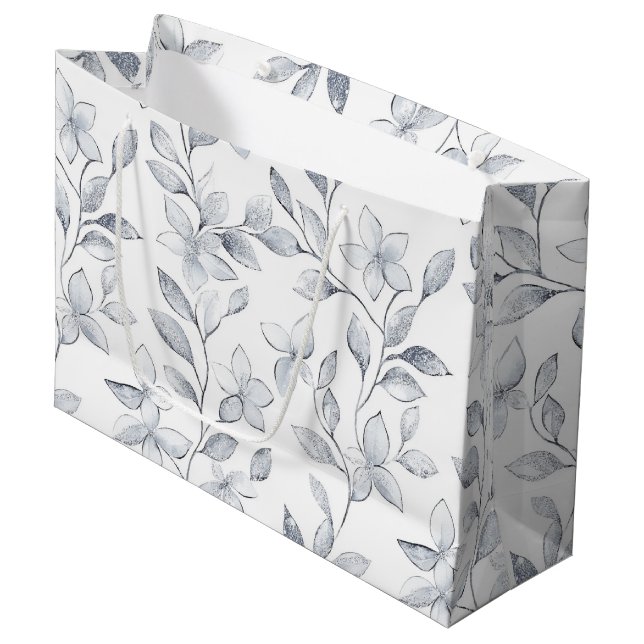 Grand Sac Cadeau Mariage floral blanc argenté (Devant Angle)