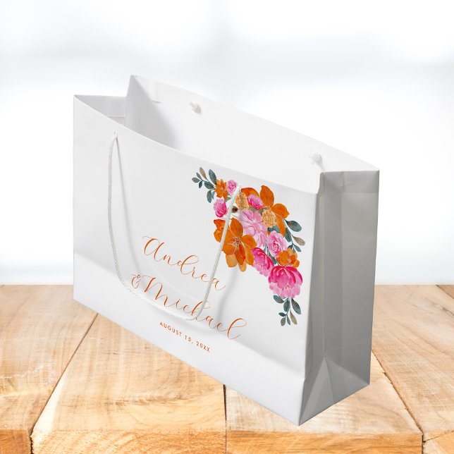 Grand Sac Cadeau Mariage floral d'été rose et orange vif (Créateur téléchargé)