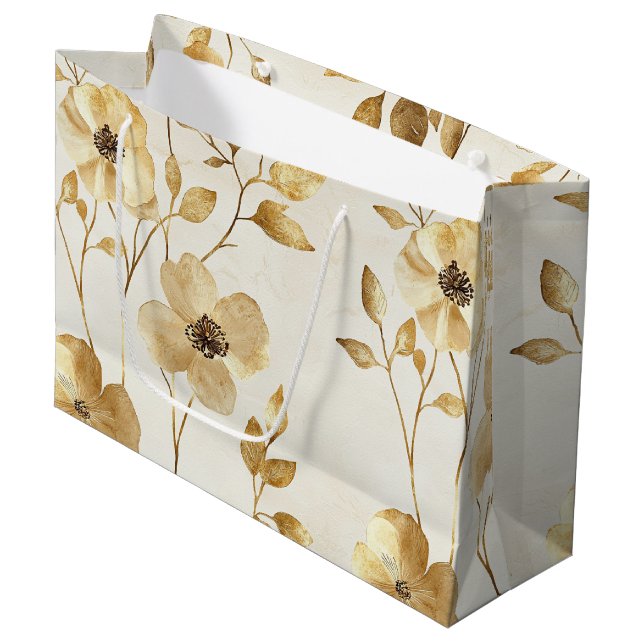Grand Sac Cadeau Mariage floral or crème (Devant Angle)