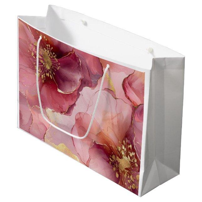 Grand Sac Cadeau Mariage Gold Bourgogne Rose Fleurs Rose Tendres (Devant Angle)